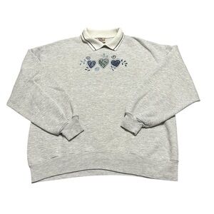 Vintage 90s Women’s Large Hearts Embroidered Collared Grandma Sweatshirt